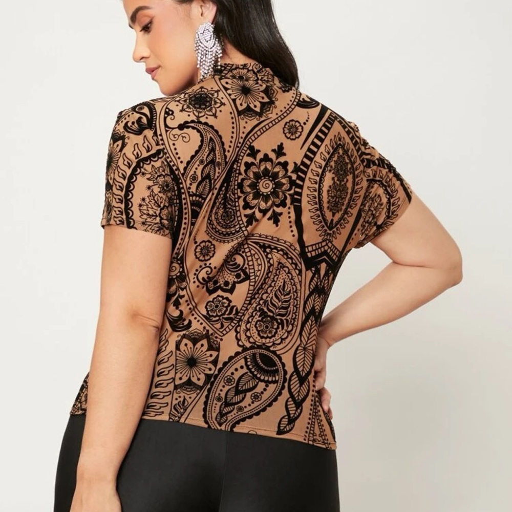 Plus Paisley & Polka Dot Print Mesh Panel Top